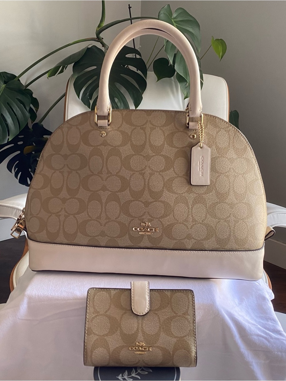 Coach Beige Signature Dome Satchel with Chalk Trim & matching wallet